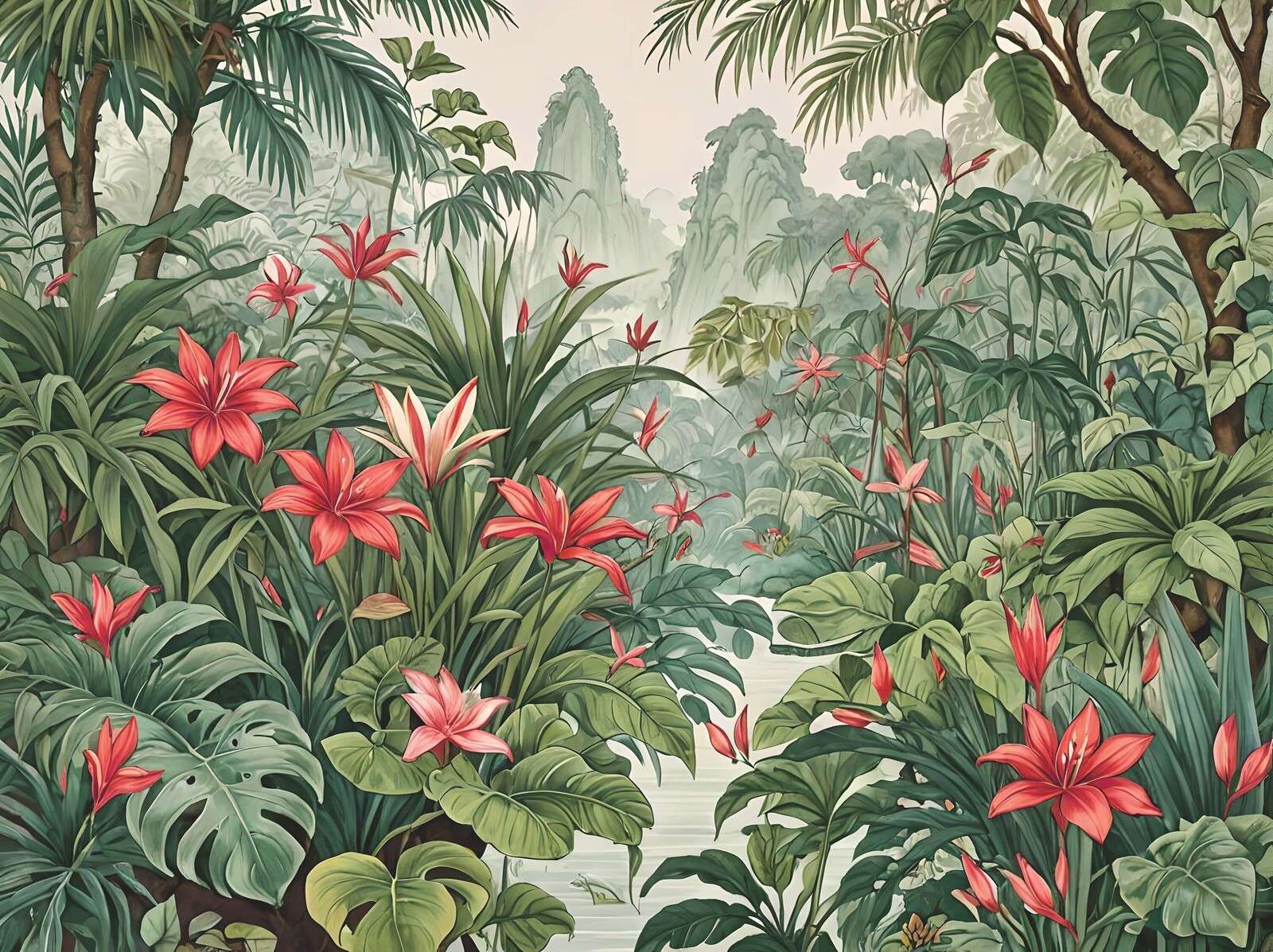 Forêt tropicale de lys dans la brume du matin
