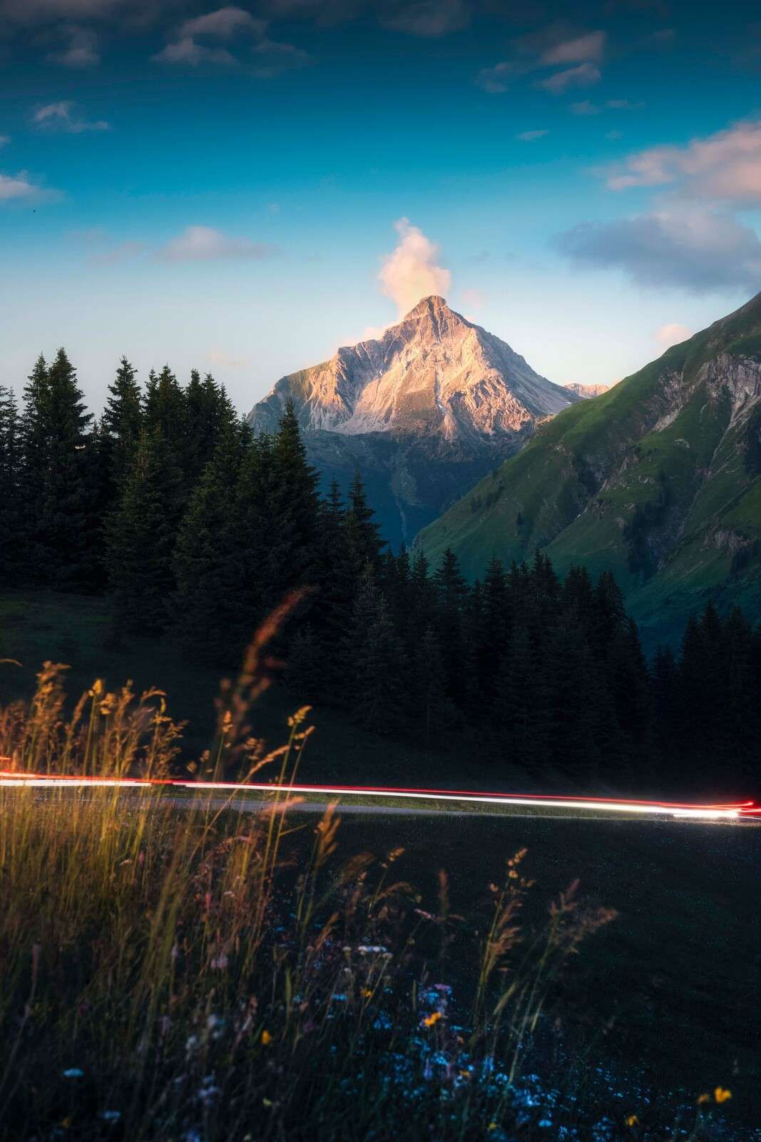 Lumière du soir sur le sommet alpin avec champ de fleurs