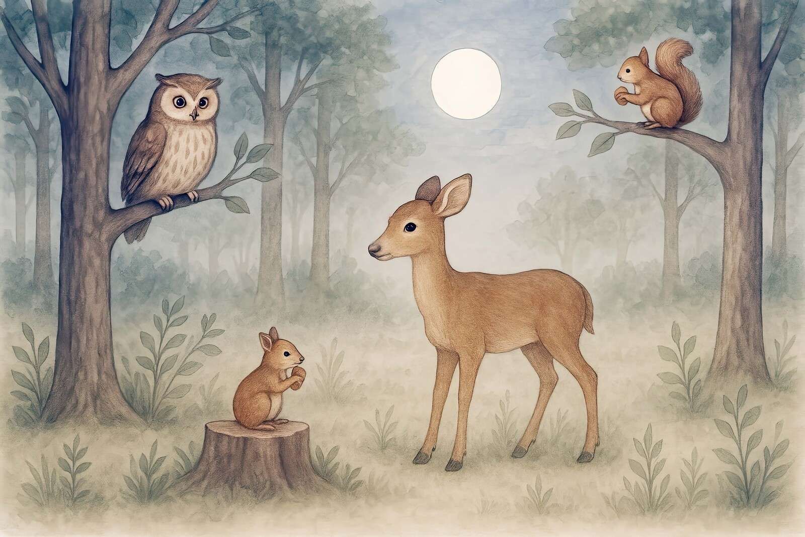 Lumière de la lune dans la forêt avec des animaux