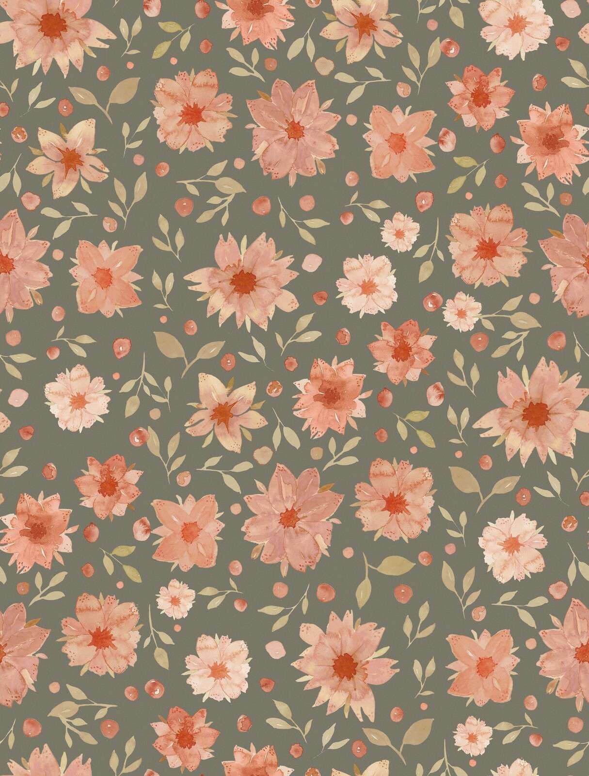 Fleurs aquarelles rose corail sur vert olive