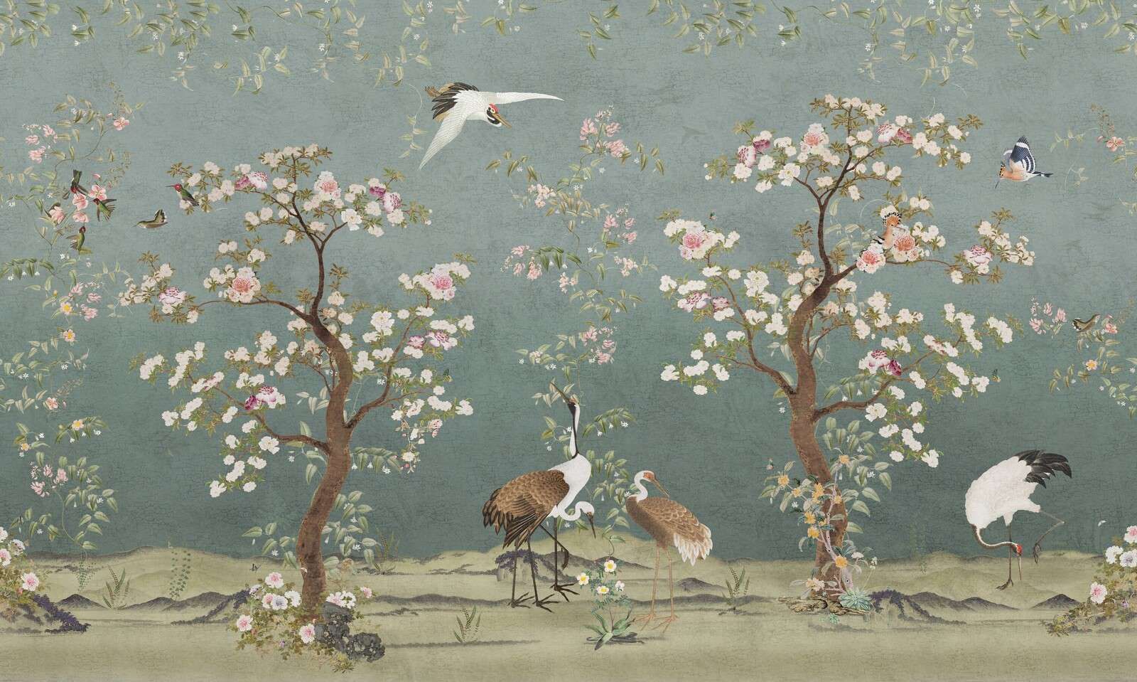 Arbres en fleurs avec des grues dans un jardin serein