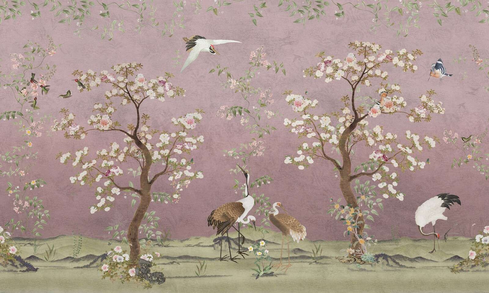Grues sous un ciel rose en fleurs