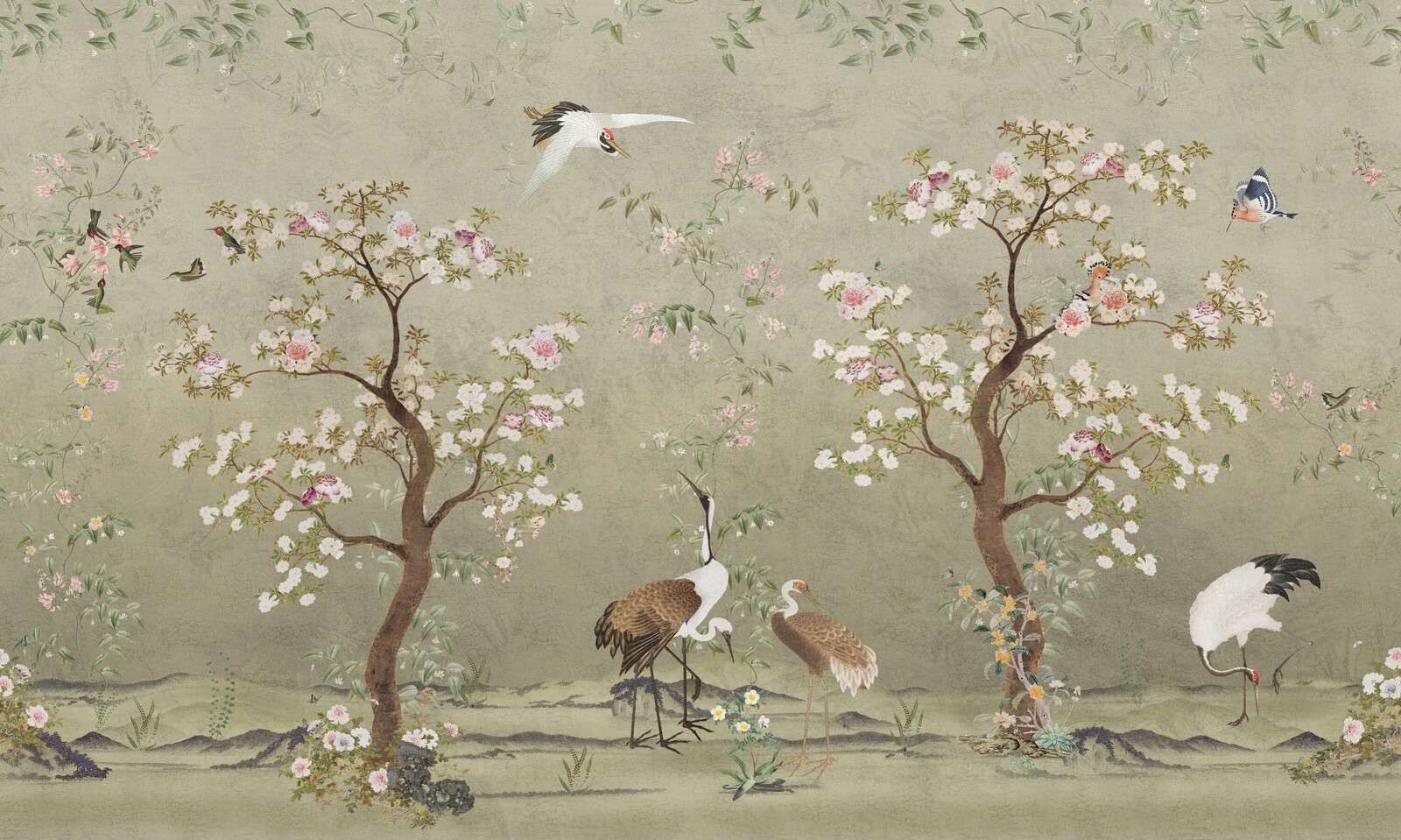 Floraison des cerisiers avec des grues