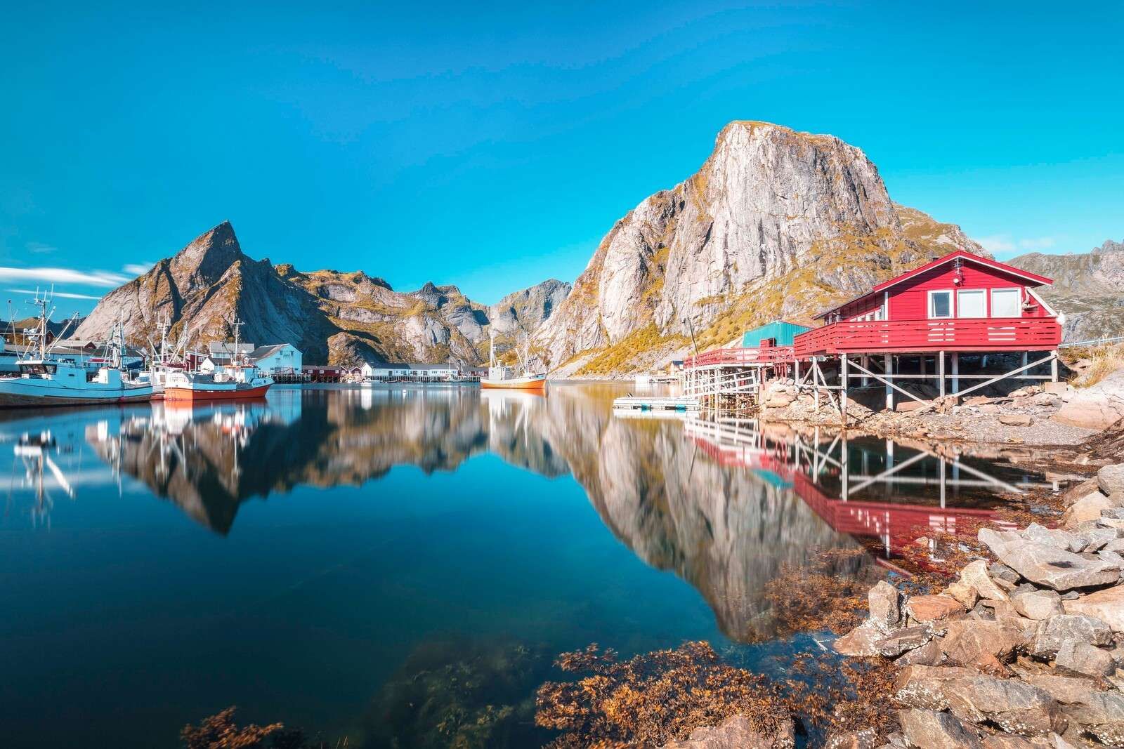 Maisons rouges au bord de l'eau du fjord