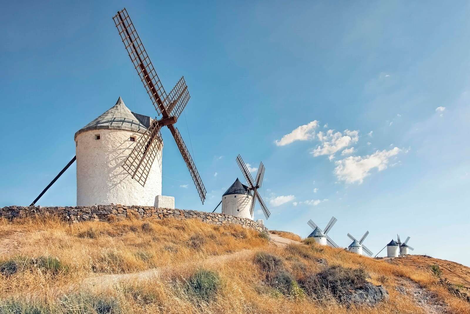 Colline d'été avec des moulins à vent blancs