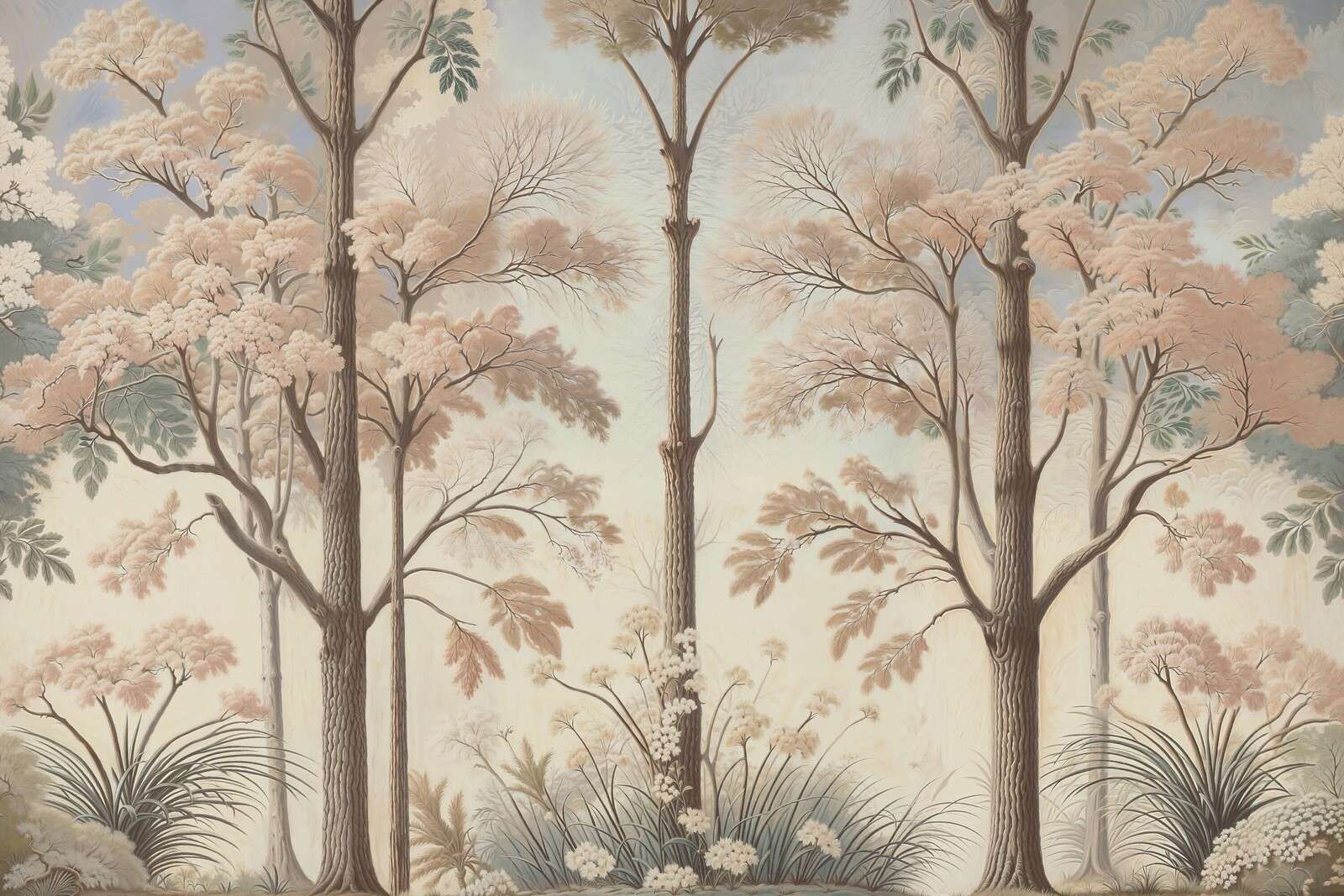 Paysage forestier doux avec des arbres en fleurs.