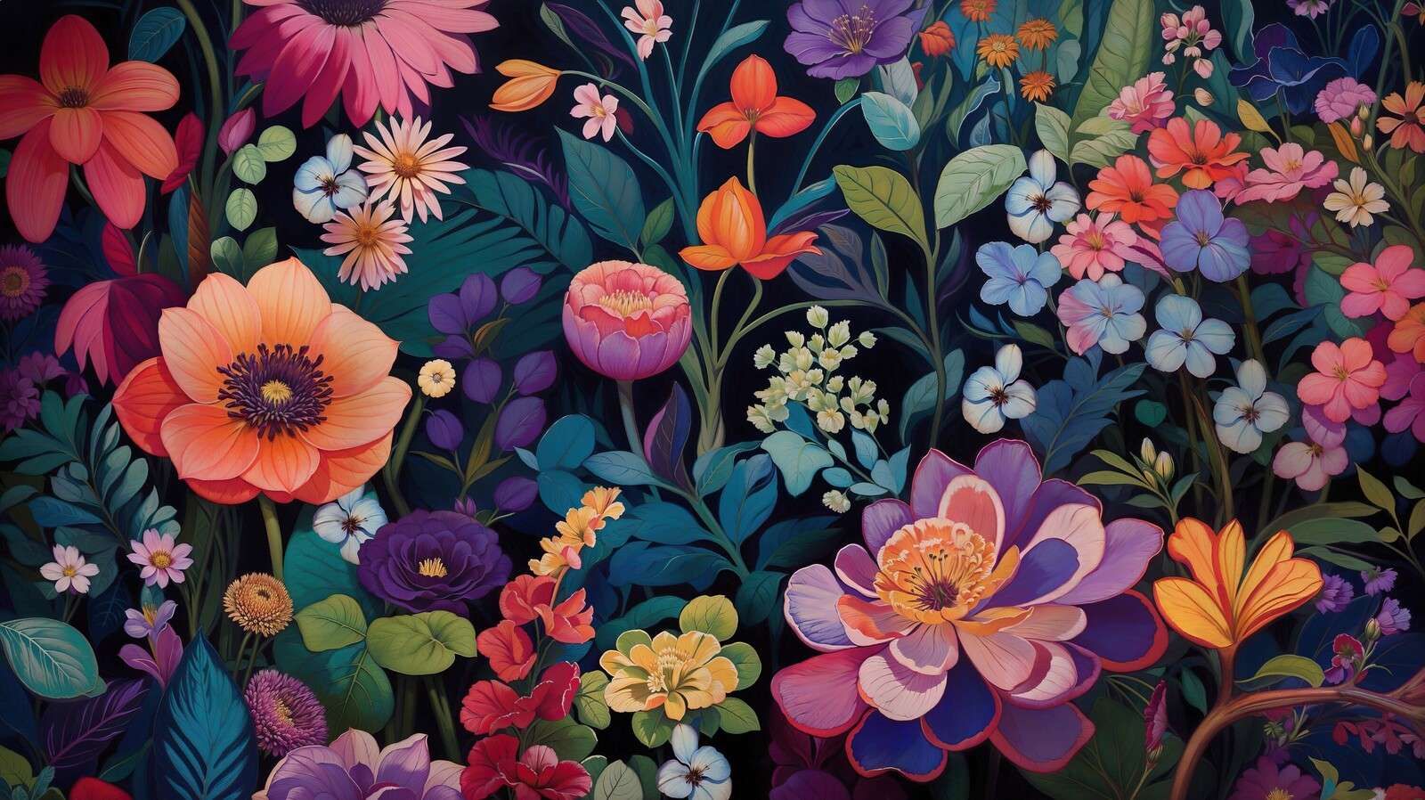 Belle profusion de fleurs colorées la nuit.