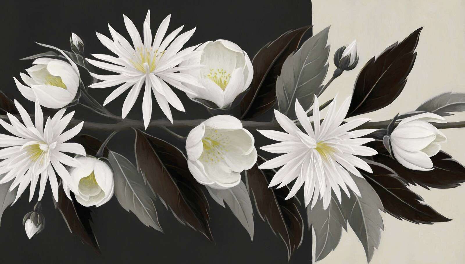 Clématide blanche sur une branche sombre