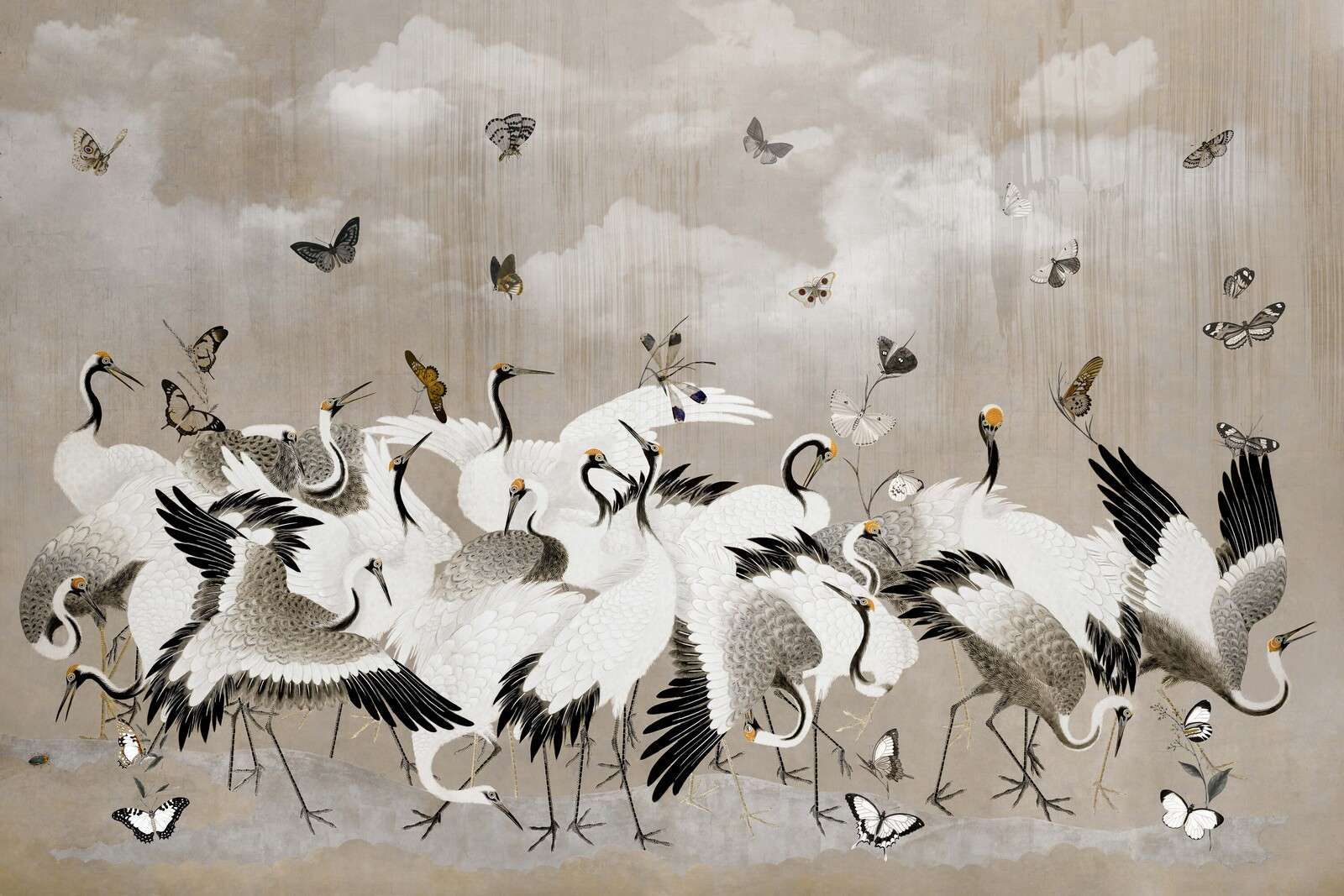Grues élégantes avec des papillons