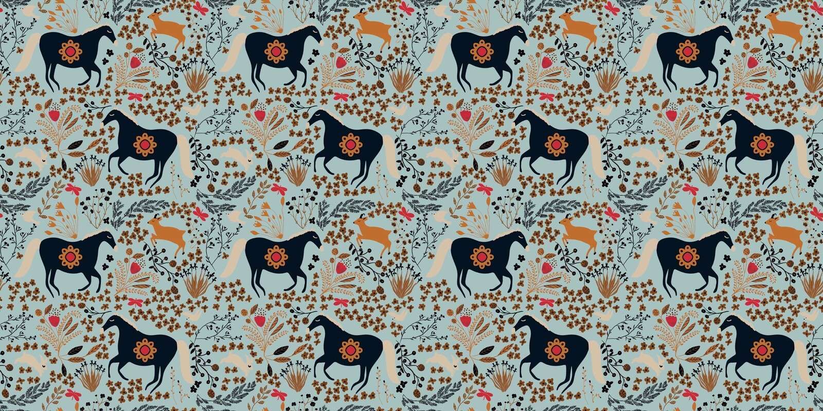 Champ de fleurs avec des chevaux et des chevreuils