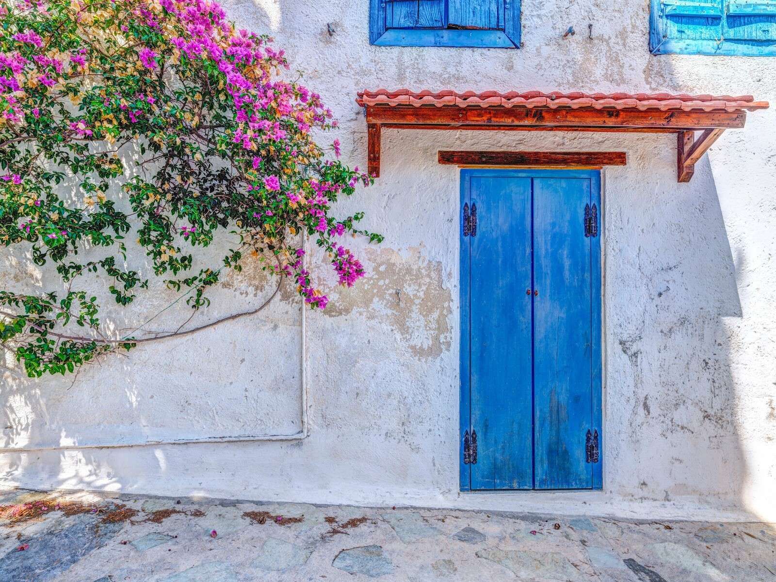 Porte bleue avec bougainvillier