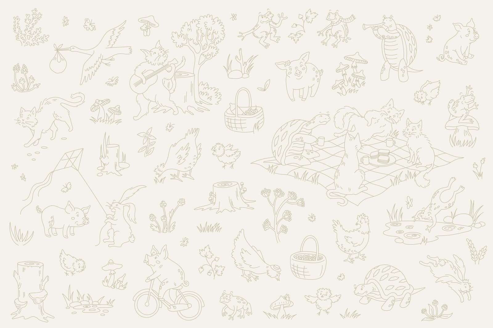 Animaux de la forêt, calmes, beige et vert clair