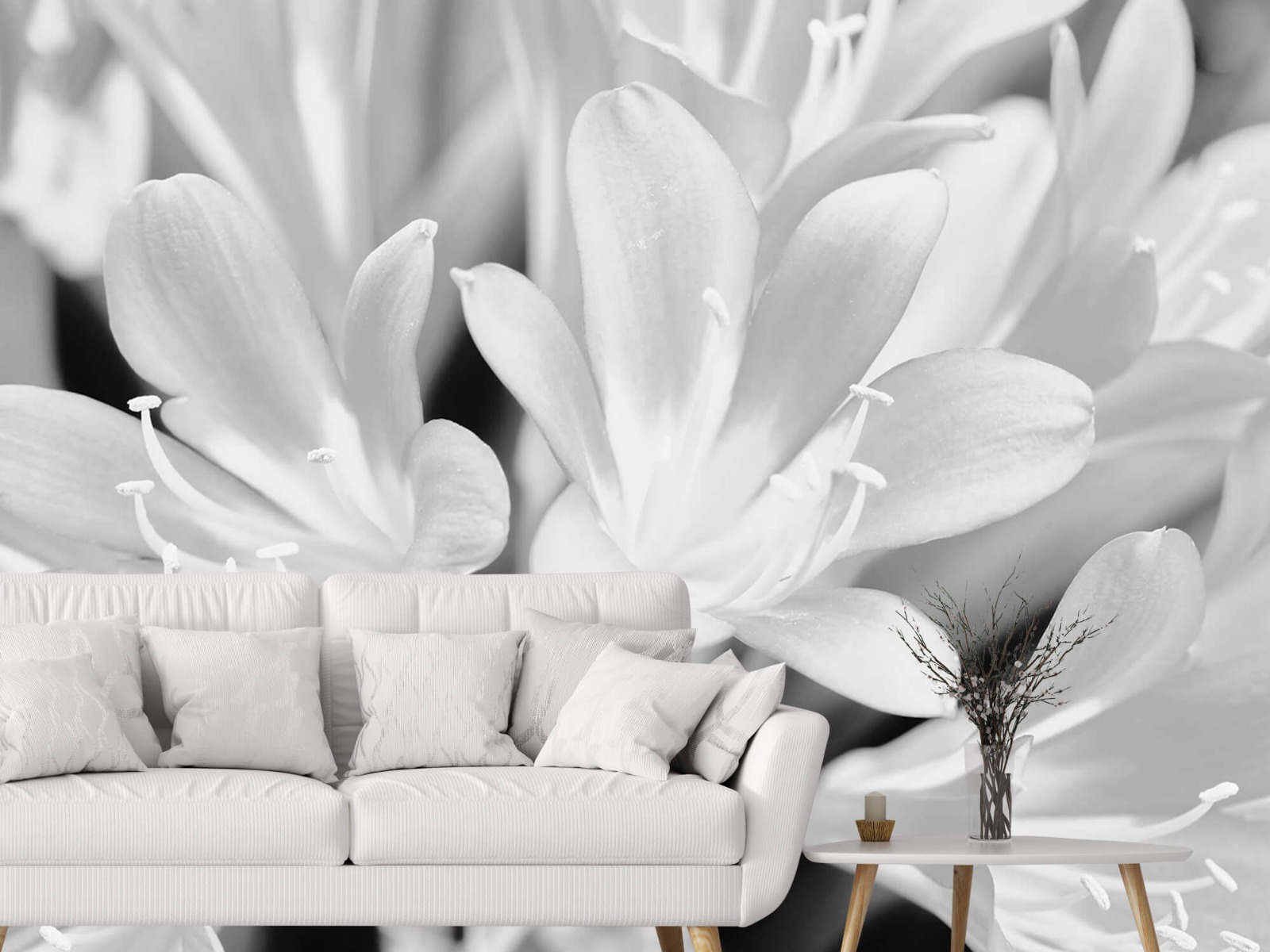 Fleurs en fleurs, en noir et blanc - papier peint